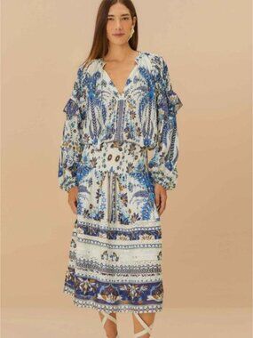 NEW FARM RIO Women's Ana Tapestry Cotton Midi Skirt Blue/White Size S